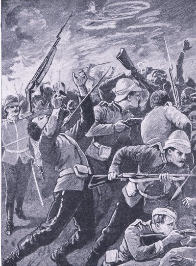 रुर्क्स बहाव की रक्षा, भूमि और सागर पर ब्रिटिश लड़ाई से चित्रण, 1915 द्वारा रिचर्ड केटन वुडविले जूनियर