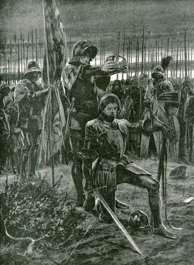 बोसवर्थ के युद्धक्षेत्र, 22 अगस्त, 1485 को लॉर्ड स्टेनली द्वारा हेनरी सप्तम की अनौपचारिक ताजपोशी द्वारा रिचर्ड केटन वुडविले जूनियर