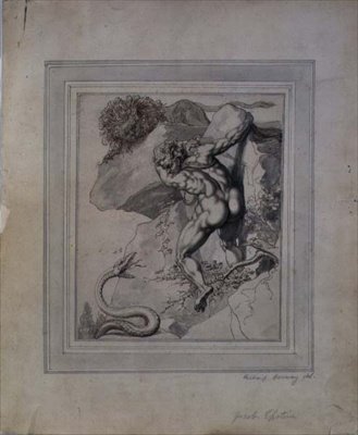 एक आदमी एक शेर और एक सर्प के बीच फंसा, c.1790 (कलम और भूरी स्याही, कागज पर ग्रे वॉश) द्वारा रिचर्ड कॉसवे