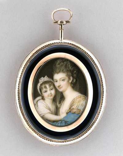 एक माँ और बेटी का चित्र, c.1765-70 (हाथी दांत पर जल रंग, 9k गुलाब सोना, बाल और कांच) द्वारा रिचर्ड कॉसवे