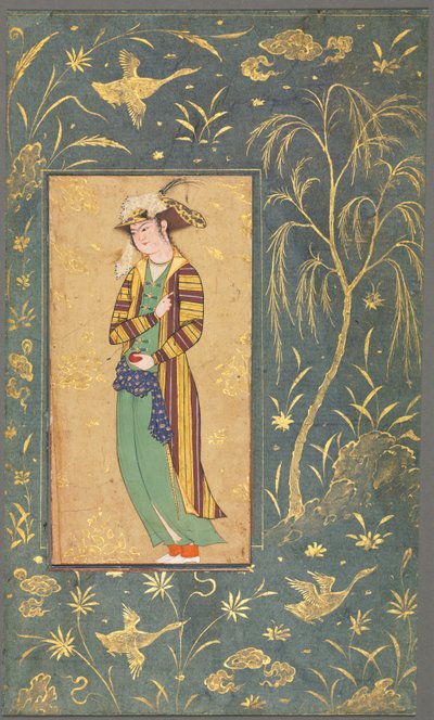 एक पृष्ठ पांडुलिपि से युवा अनार, चित्रण पकड़े हुए, c.1600-1650। द्वारा रिज़ा यि अब्बासी