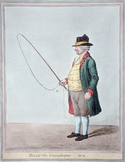 1810 में हन्ना हम्फ्री द्वारा प्रकाशित जेम्स गिल्रे (1756-1815) द्वारा उकेरी गई बिली द गेमकीपर (हाथ से रंगी हुई नक्काशी) द्वारा रॉबर्ट (बाद) फ्रैंकलैंड