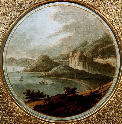 जहाजों के साथ समुद्र की खाड़ी के ऊपर महल, c.1775 (कागज पर पानी के रंग के साथ कलम और स्याही) द्वारा रॉबर्ट (attr। To) Adam