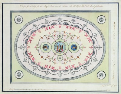 लेडीज़ रूम, हेडफोर्ट हाउस, 1772 में छत के लिए डिज़ाइन (निर्धारित कागज पर ग्रेफाइट पर पेन, इंक) द्वारा रॉबर्ट एडम