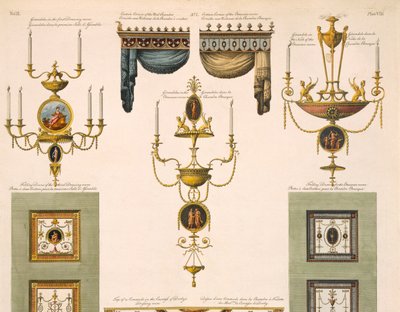 कर्टन कॉर्निस, गिरंडोल्स और फोल्डिंग डोर के लिए डिजाइन, 1774 61957 का प्रिंट विवरण द्वारा रॉबर्ट एडम