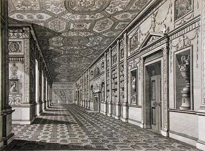 1760-69 में निर्मित सायन हाउस में पुस्तकालय (उत्कीर्णन) द्वारा रॉबर्ट एडम