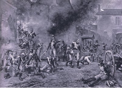 18 जून 1815 को हुगौमोंट की रक्षा, भूमि और सागर पर ब्रिटिश लड़ाई से चित्रण, 1915 द्वारा रॉबर्ट अलेक्जेंडर हिलिंगफोर्ड