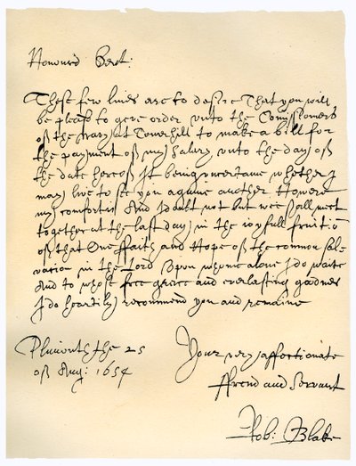 25 अगस्त 1654 को एडमिरल रॉबर्ट कमिश्नर ऑफ़ द एडमिरल्टी को पत्र। द्वारा रॉबर्ट ब्लेक