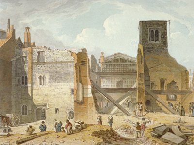 सेवॉय पैलेस, वेस्टमिंस्टर, लंदन, 1820 के विध्वंस का दृश्य द्वारा रॉबर्ट ब्लेममेल श्नेबेलबी