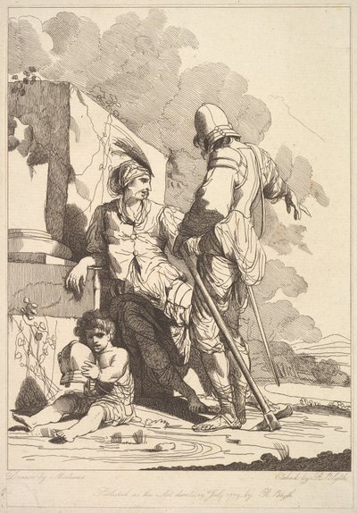 दो सैनिक और बाल होल्डिंग एक हेलमेट, जुलाई 19, 1779। द्वारा रॉबर्ट ब्लिथ