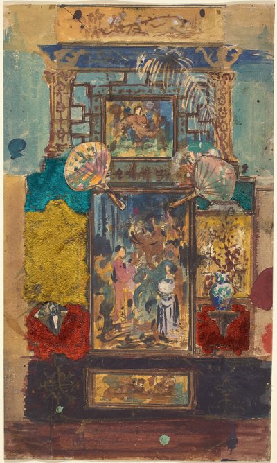 स्टेज सेट जिसमें चित्रित पैनल, कपड़े और पंखे शामिल हैं द्वारा रॉबर्ट कैनी