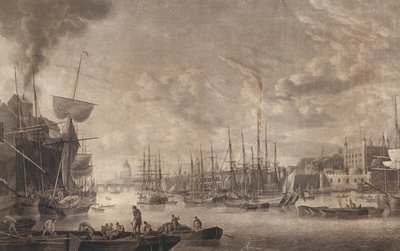 लंदन के टॉवर, 1793 (जलीय) के पास एक नाव से लंदन ब्रिज की ओर द्वारा रॉबर्ट डोड