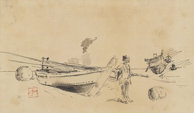 तट पर दो जापानी मछली पकड़ने की नावें, 1867-1903 द्वारा रॉबर्ट फ्रेडरिक ब्लम