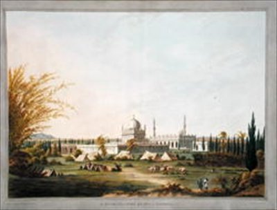 लौलबाग में हैदर अली खान का मकबरा, जेडब्ल्यू एडी द्वारा रंगीन और उत्कीर्ण 'मैसूर के बारह दृश्य, टीपू सुल्तान का देश' से चित्रण, 1804 में प्रकाशित (रंगीन एक्वाटिंट) द्वारा रॉबर्ट एच. (बाद में) कोलब्रुक