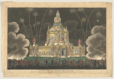 9 सितंबर, 1814 को जी को मनाने के लिए, ग्रीन पार्क में बनाए गए कॉनकॉर्ड के मंदिर का एक दृश्य। द्वारा रॉबर्ट लॉरी