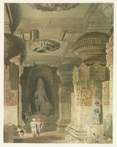 एलोरा के इंद्र सुब्बा के गुफा मंदिर का दृश्य, भारत के दृश्य, वेशभूषा और वास्तुकला के खंड II से, डेविड रॉबर्ट्स (fl.1821-50) द्वारा उत्कीर्ण डेविड रॉबर्ट्स (1796-1864) द्वारा बनाया गया द्वारा रॉबर्ट मेलविले ग्रिंडले