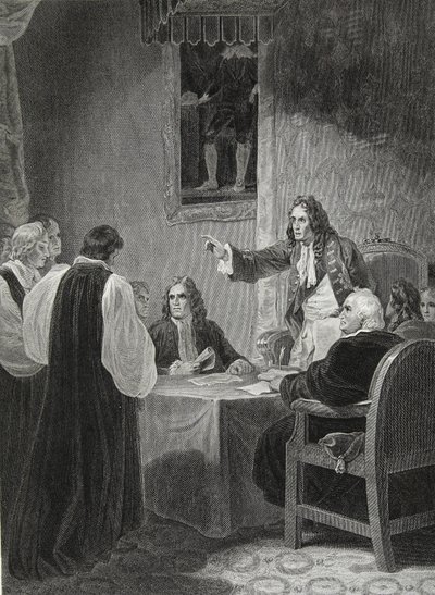 प्रिवी काउंसिल, 1688 के पहले बिशप, जॉर्ज नोबल द्वारा उत्कीर्ण, डेविड ह्यूम के &39;द हिस्ट्री ऑफ़ इंग्लैंड&39;, पब से दृष्टांत आर। बाउयर, लंदन, 1812 द्वारा द्वारा रॉबर्ट स्मिर्के
