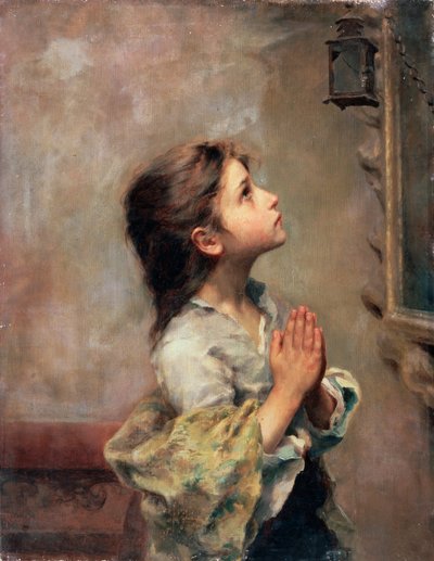 19 वीं सदी की प्रार्थना लड़की, इतालवी पेंटिंग। द्वारा Roberto Ferruzzi