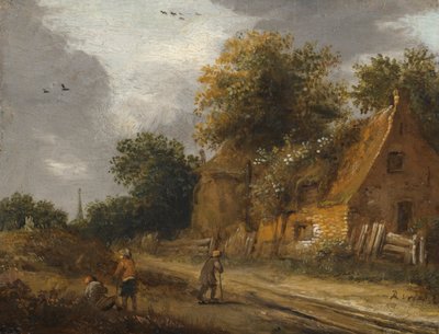 एक झोपड़ी से पहले सड़क से गुजरते हुए तीन आंकड़े द्वारा Roelof Jansz van Vries
