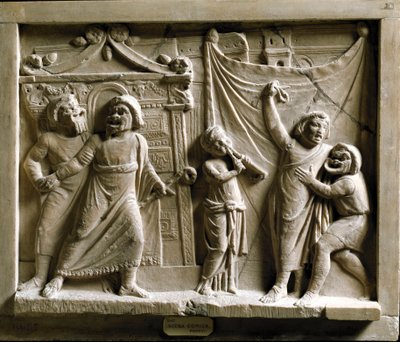 रोमन कला: टेरेंस (पब्लियस टेरेंटियस अफेर) (185-159 ईसा पूर्व) द्वारा "एंड्रिया" टुकड़े का कॉमेडी थिएटर दृश्य (कॉमेडी), पोम्पेई से राहत - म्यूजियो आर्कियोलॉजिको नाजियोनेल नेपल्स - ग्रीक कॉमेडी एंड्रिया का दृश्य, टेरेंस द्वारा (पब्लियस टेरेंटियस) अ द्वारा उपन्यास