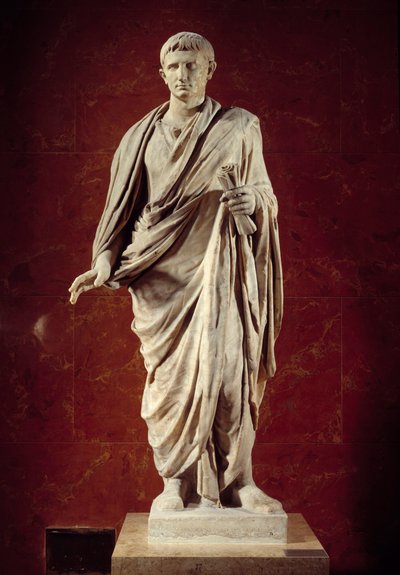 रोमन कला: सम्राट ऑगस्टस की मूर्ति (CESARE AUGUSTO) (63 BC-14 AD) पहली शताब्दी। वेलेट्री से। पेरिस, लौवर संग्रहालय द्वारा उपन्यास