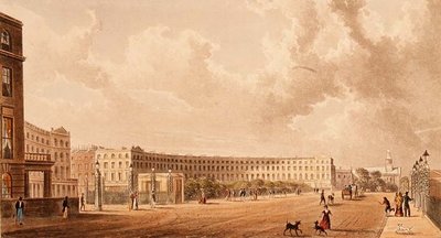 द क्रिसेंट, पोर्टलैंड प्लेस, एक्वाटिंट 1822 में प्रकाशित हुआ द्वारा रूडोल्फ एकरमैन