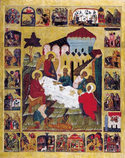 उत्पत्ति से दृश्यों के साथ ओल्ड टेस्टामेंट ट्रिनिटी, c1580। द्वारा रूसी आइकन।
