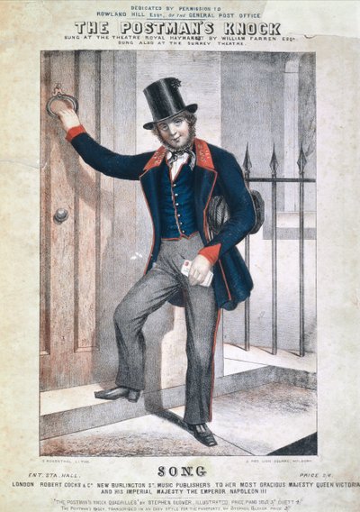 स्टीफन ग्लोवर (1812-70), c.1850 (कलर लिथो) द्वारा "द पोस्टमैन्स नॉक", एक गीत शीट का कवर द्वारा एस रोसेन्थल