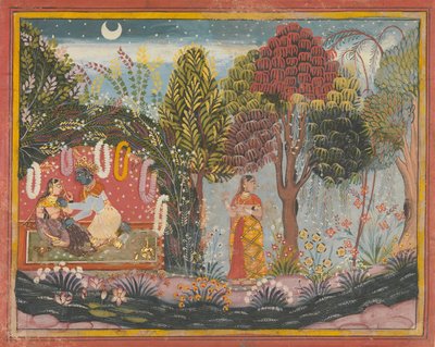 कृष्णा एंड राधा इन ए बोवर: पेज फ्रॉम ए डिसपर्स्ड गीता गोविंदा, सीए। 1665. द्वारा सहिब्दीन