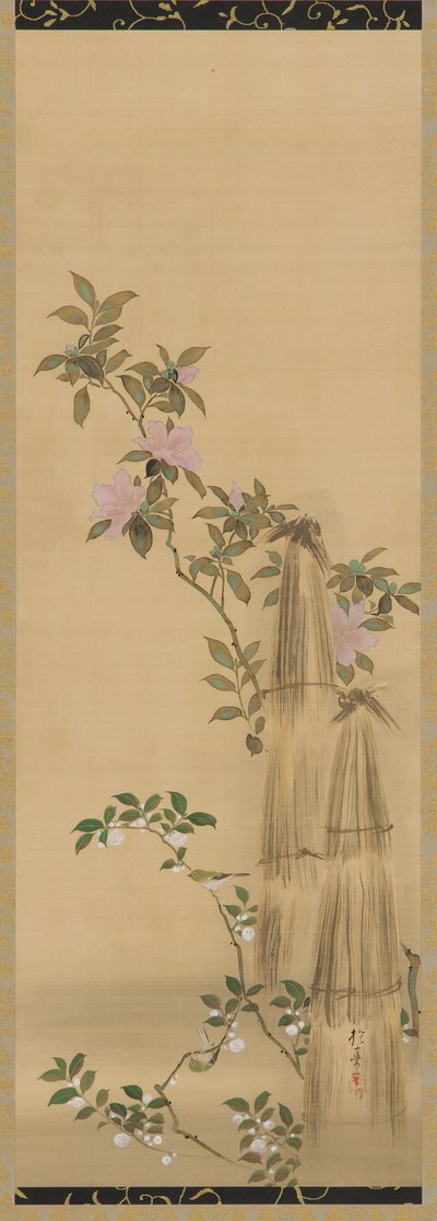 गुलाबी और सफेद फूल और पुआल के आवरण, ईदो काल, 1761-1828। द्वारा सकाई होइत्सु