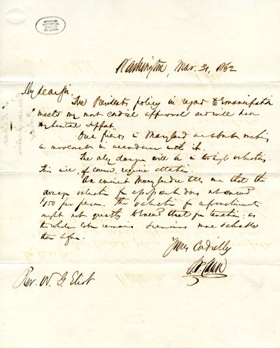 31 मार्च, 1862 को डब्ल्यूजी एलियट को एसपी चेज़, वाशिंगटन द्वारा हस्ताक्षरित पत्र द्वारा सामन पी. चेस