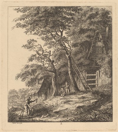 एक मछुआरा और दो बच्चे फूस के कॉटेज वाले लैंडस्केप में, 1764। द्वारा सॉलोमन गेसनर