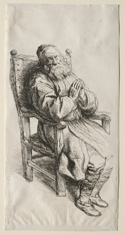 एक बूढ़ा आदमी कुर्सी पर बैठकर प्रार्थना कर रहा है द्वारा Salomon Koninck
