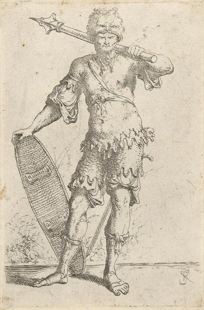 विदेशी योद्धा खड़े शेर-सिर वाली टोपी पहने, एक गदा और शील्ड पकड़े, c.1656-57 (रखी हुई कागज़ पर नक्काशी) द्वारा निस्तारण रोजा