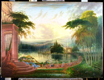 शीबा की रानी के आगमन के साथ एक रोमांटिक लैंडस्केप, c.1830 (कैनवास पर तेल) द्वारा सैमुअल कॉलमैन