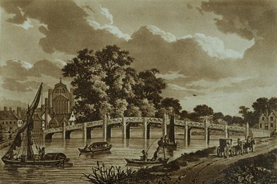 हैम्पटन कोर्ट ब्रिज, पब के &39;सुरम्य दृश्य, पब से चित्रण। 1799 (नक़्क़ाशी, एक्वाटिंट) द्वारा सैमुअल आयरलैंड