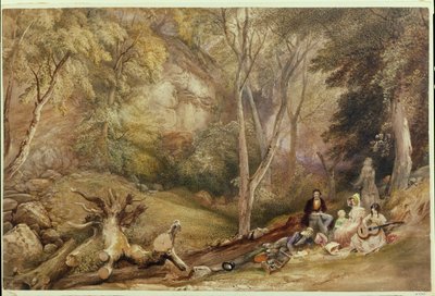 लेह वुड्स में एक स्केचिंग पार्टी, c.1830 (कागज पर पेंसिल, वॉटरकलर और बॉडीकलर) द्वारा सैमुअल जैक्सन