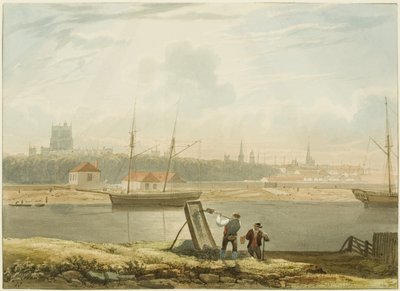 फ्लोटिंग हार्बर के पार देखें, c.1825 (कागज पर पेंसिल और वॉटरकलर) द्वारा सैमुअल जैक्सन