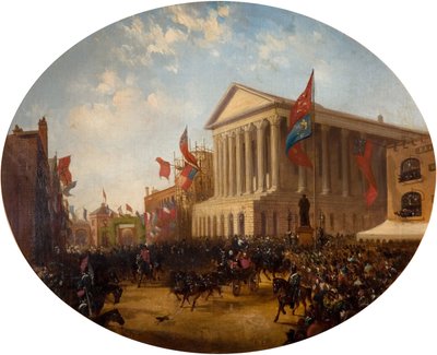 ड्यूक ऑफ कैम्ब्रिज टाउन हॉल, बर्मिंघम, 1857 को छोड़कर। द्वारा सैमुअल लाइन्स