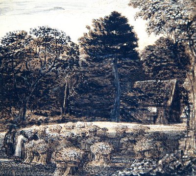 ए कॉर्नफील्ड, शोरहम, ट्वाइलाइट में, c.1830 (कार्ड पर पेन, वॉश और भारतीय स्याही) द्वारा सैमुअल पामर
