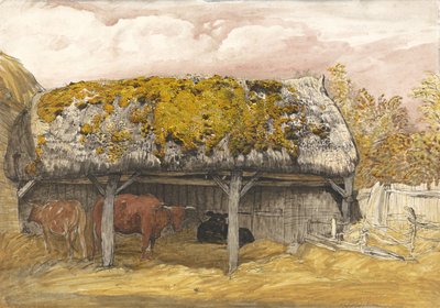 मोसी रूफ के साथ एक गाय लॉज, c.1829 (कागज पर वॉटरकलर और गौचे के साथ कलम और स्याही) द्वारा सैमुअल पामर