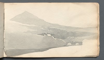 स्केचबुक: ब्रिज, 1814 के साथ पहाड़ी लैंडस्केप। द्वारा सैमुअल प्राउट
