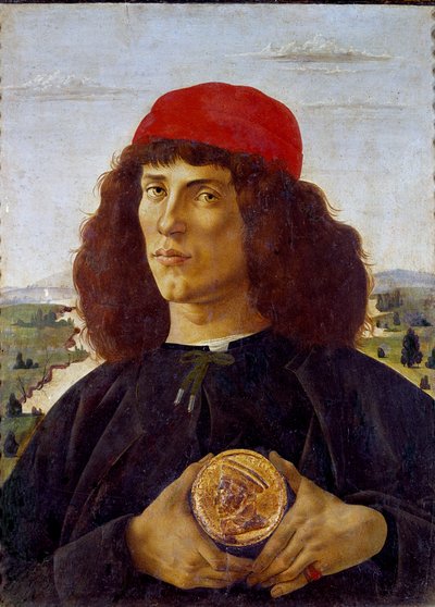 Cosimo de Medicis (Cosimo de Medici) का पदक पकड़े हुए एक अज्ञात व्यक्ति का पोर्ट्रेट। एलेसेंड्रो डि मारियानो देई फिलिपीपी डिट सैंड्रो बोथिसेली (1445-1510) द्वारा पेंटिंग। कैनवास पर तापमान, ५७.५ x ४४ सेमी द्वारा सैंड्रो बॉटलिकली