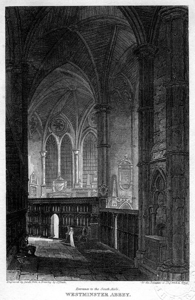 दक्षिण गलियारे में प्रवेश, वेस्टमिंस्टर एब्बे, लंदन, 1816। द्वारा रेत
