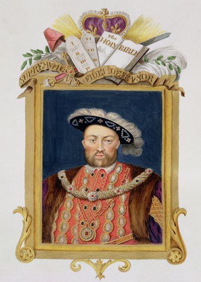 हेनरी VIII (1491-1547) का पोर्ट्रेट कोर्ट में हंस होल्बिन (14978-1543) फ्रेस्को पर चित्रित चित्र के बाद, &39;क्वीन एलिजाबेथ के संस्मरण&39; से विश्वास के रक्षक के रूप में हेनरी VIII (1491-1547) द्वारा Sarah Countess of Essex