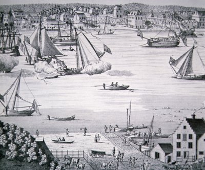 जहाज निर्माण केंद्र (लिथो) के साथ ईस्ट रिवर, न्यू यॉर्क c.1750 का दृश्य द्वारा स्कूल अमेरिकी