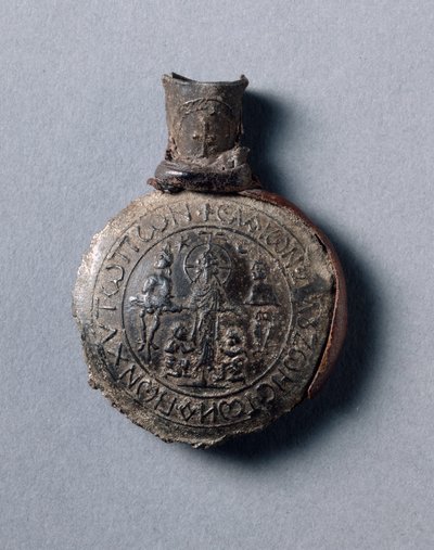 पिलग्रिम का अम्पुल्ला विथ क्रूसिफ़िक्शन (फ्रंट) और अस्सेंशन (बैक), c.600 (टिन-लेड मिश्र धातु चमड़े के टुकड़ों के साथ) द्वारा स्कूल बीजान्टिन