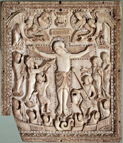 क्रूसीफिक्सियन रिलीफ डी'वोरी डे ल'इकोले फ़्रैन्काइज़, 9वीं सदी (क्रूसीफ़िकेशन, फ्रेंच स्कूल द्वारा हाथीदांत राहत, 9वीं सदी) फ्लोरेंस म्यूजियो नाज़ियोनेल डेल बार्गेलो द्वारा स्कूल कैरोलिंगियन