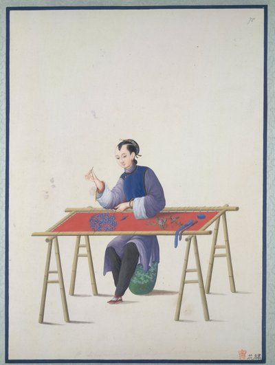 कढ़ाई करती एक महिला, लगभग 1800 (कागज़ पर पानी के रंग से) द्वारा स्कूल चीनी