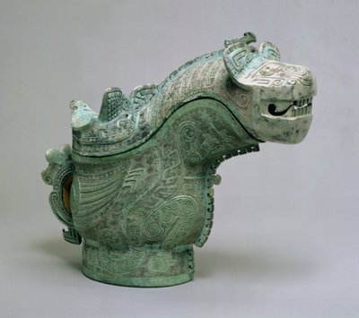 बाघ और उल्लू की सजावट, शांग राजवंश (हरी पेटिना के साथ कांस्य) द्वारा स्कूल चीनी